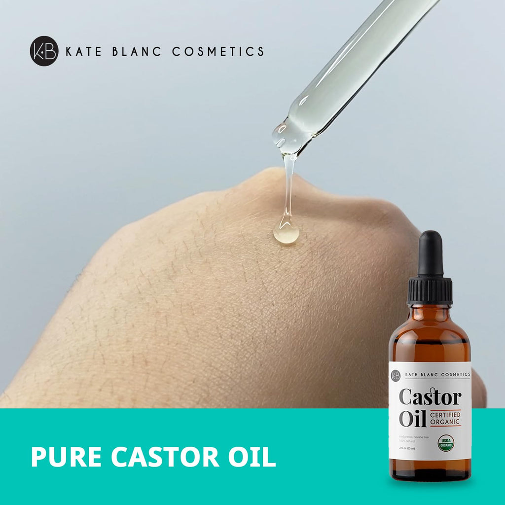 Kate Blanc Cosmetics Castor Oil Organic for Hair, Lashes, Face (2oz), 100% Pure, Cold Pressed, Hexane Free. Eyelash Serum for Thicker-Looking Eyelashes & Eyebrows