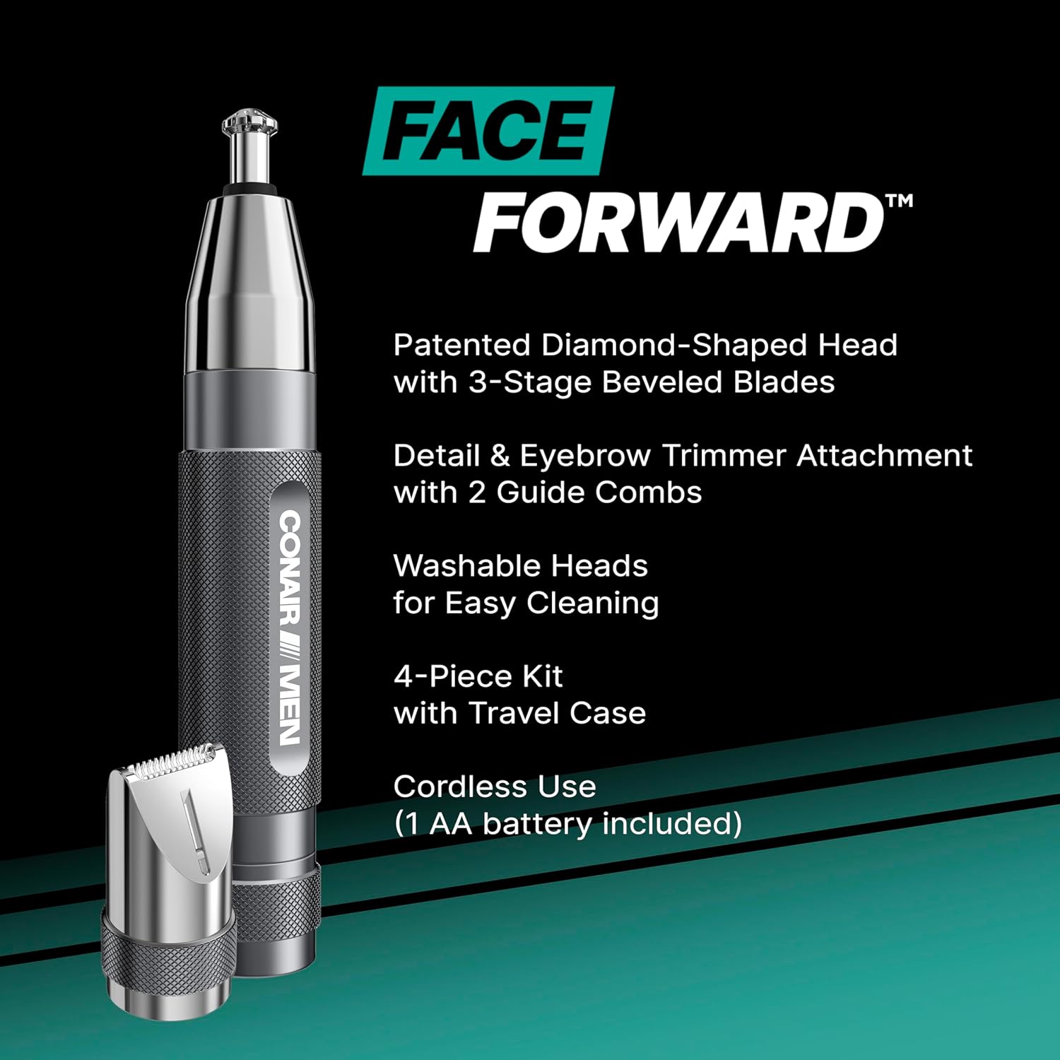 Conair Men Ear, Nose and Eyebrow Trimmer, Patented 360° Bevel Blade for No Pulls, Nicks or Cuts Guaranteed, Nose Hair Trimmer for Men, Non-Slip Grip, 5-Piece Kit with Travel Case
