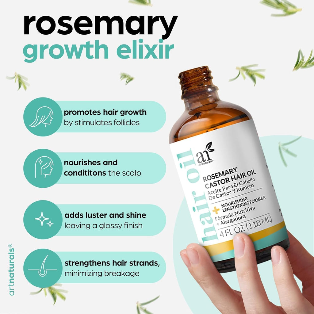 ArtNaturals Organic Rosemary & Castor Hair Growth Oil + Scalp Massager Set – Hair Relaxer for Dry, Itchy Scalp, Thickening & Hydration - Scalp Oil Products For Damaged Hair & Split Ends – 4.0 oz