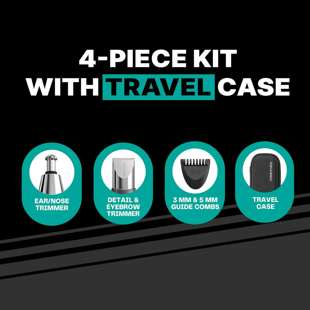 Conair Men Ear, Nose and Eyebrow Trimmer, Patented 360° Bevel Blade for No Pulls, Nicks or Cuts Guaranteed, Nose Hair Trimmer for Men, Non-Slip Grip, 5-Piece Kit with Travel Case