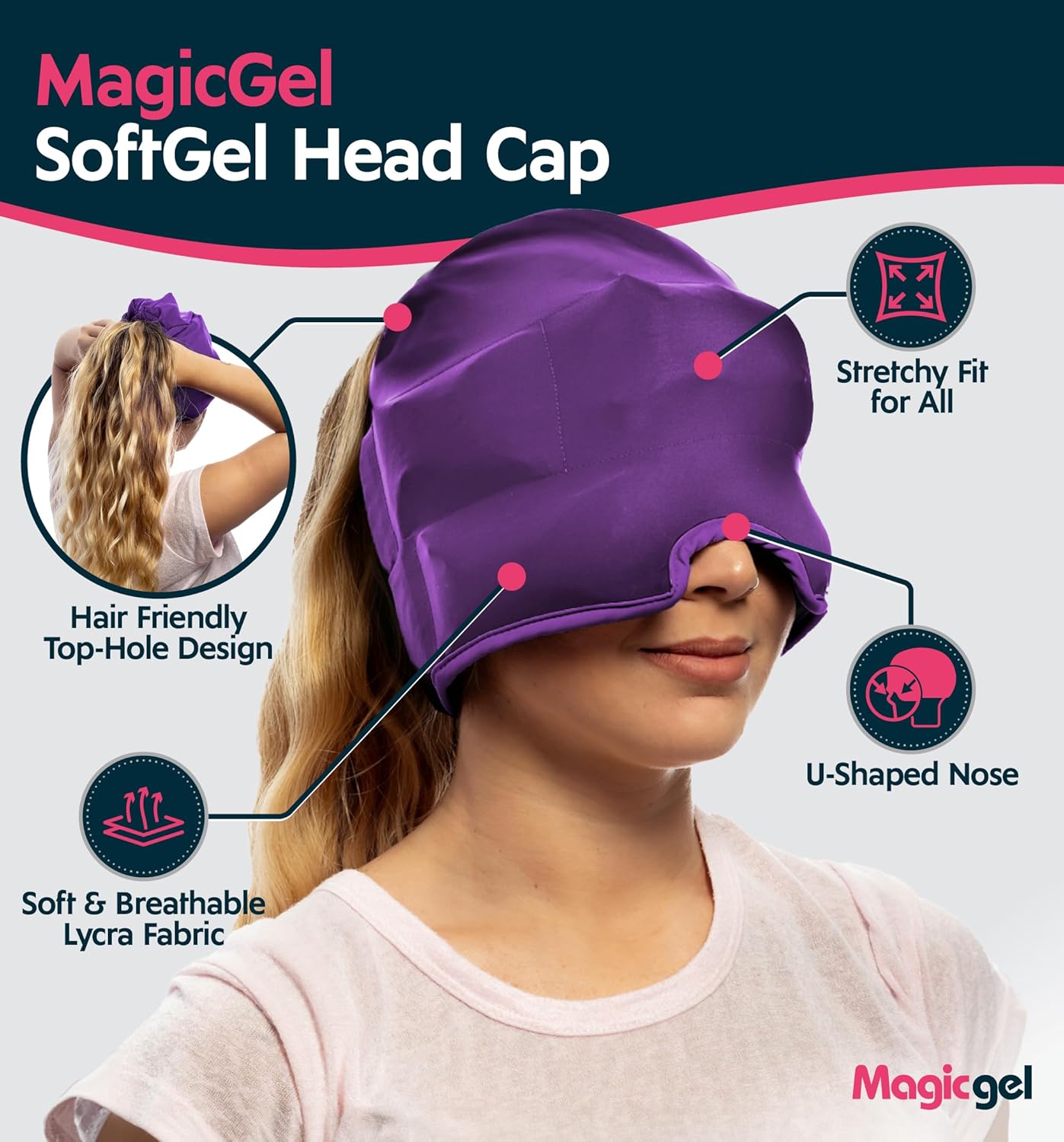 Magic Gel Migraine Ice Head Wrap - Real Migraine & Headache Relief | The Original Headache Cap | Cold, Comfortable, Dark & Cool; Endorsed by Physicians, Loved by Thousands - Purple