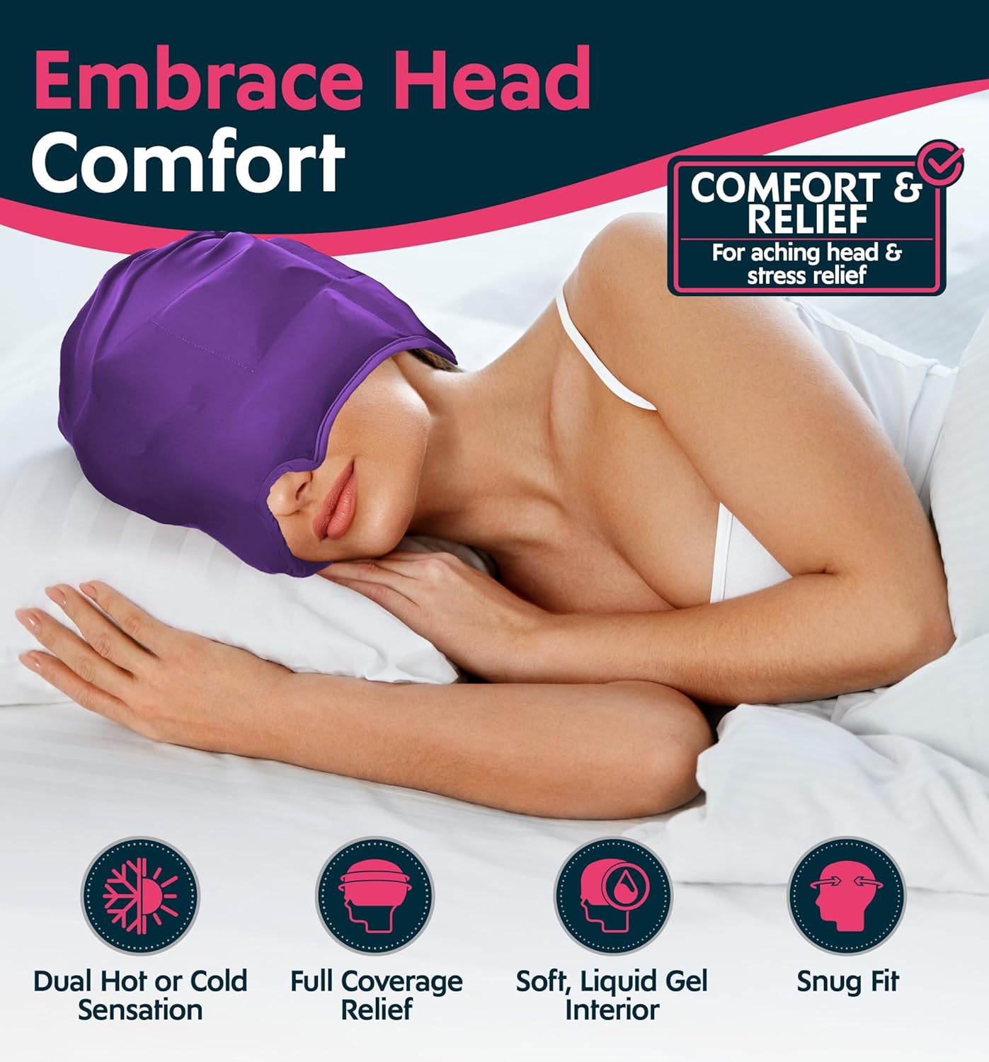 Magic Gel Migraine Ice Head Wrap - Real Migraine & Headache Relief | The Original Headache Cap | Cold, Comfortable, Dark & Cool; Endorsed by Physicians, Loved by Thousands - Purple