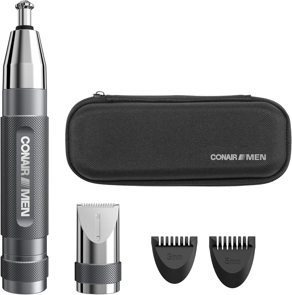 Conair Men Ear, Nose and Eyebrow Trimmer, Patented 360° Bevel Blade for No Pulls, Nicks or Cuts Guaranteed, Nose Hair Trimmer for Men, Non-Slip Grip, 5-Piece Kit with Travel Case