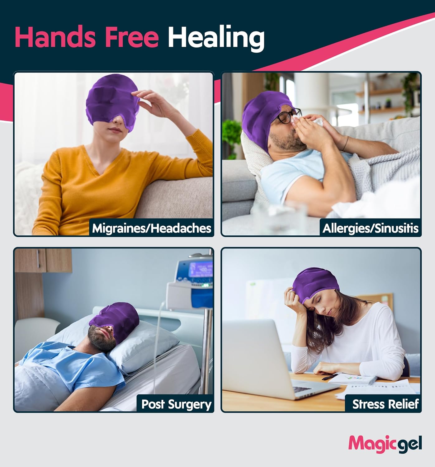 Magic Gel Migraine Ice Head Wrap - Real Migraine & Headache Relief | The Original Headache Cap | Cold, Comfortable, Dark & Cool; Endorsed by Physicians, Loved by Thousands - Purple